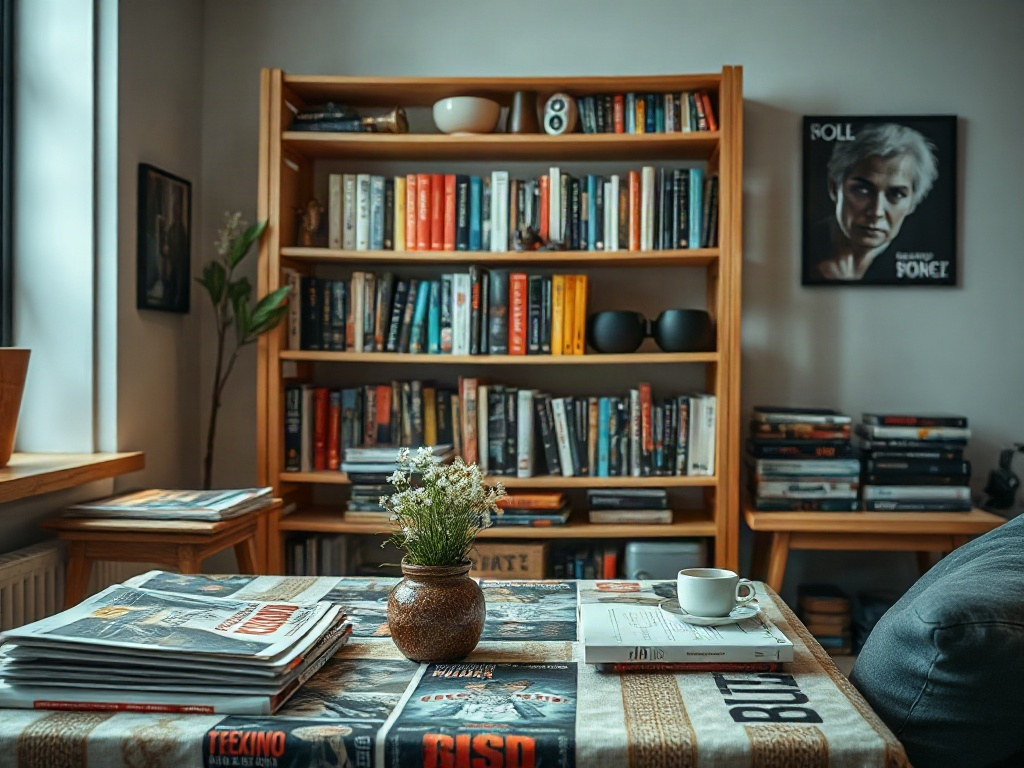 Уютная комната с книжными полками, журнальным столиком, цветами и чашкой кофе на столе.