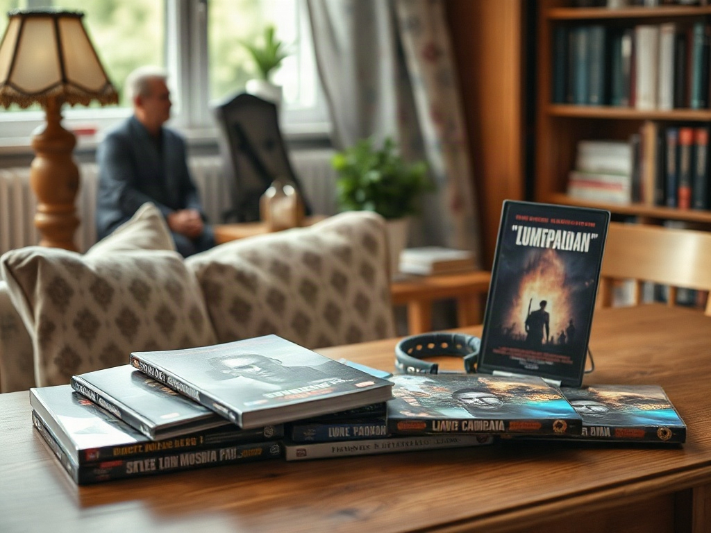 На столе расположены фильмы и книги, на заднем плане мужчина сидит в кресле. Комната светлая и уютная.