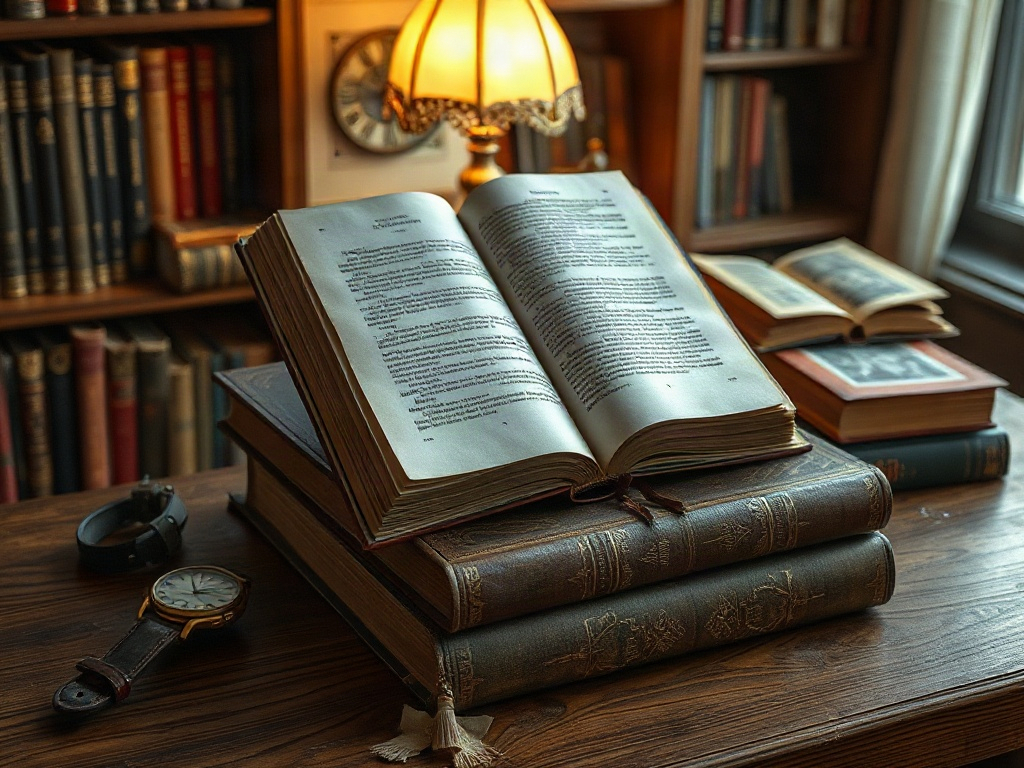 На столе лежит открытая книга и несколько старинных томов. Рядом часы и лампа. Вокруг библиотека.