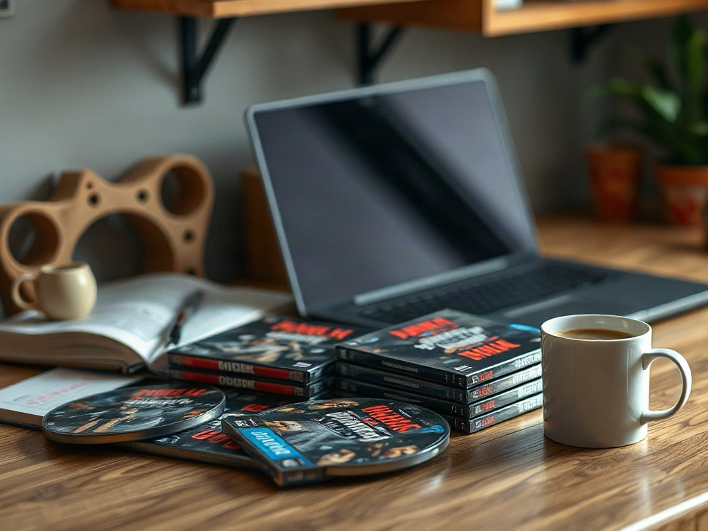 Рабочий стол с ноутбуком, DVD-дисками, книгой и чашкой кофе в уютной обстановке.